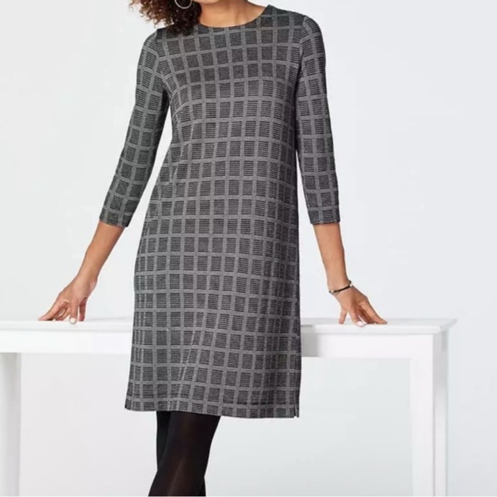 NWT J. Jill Wearever Collection Black Gray Check Knit Dress S‎ Lagenlook Sheath